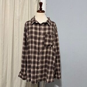 Cotton On Women Plaid Flannel Button Down Cowboy Rodeo Shirt Brown Cream‎ Size S